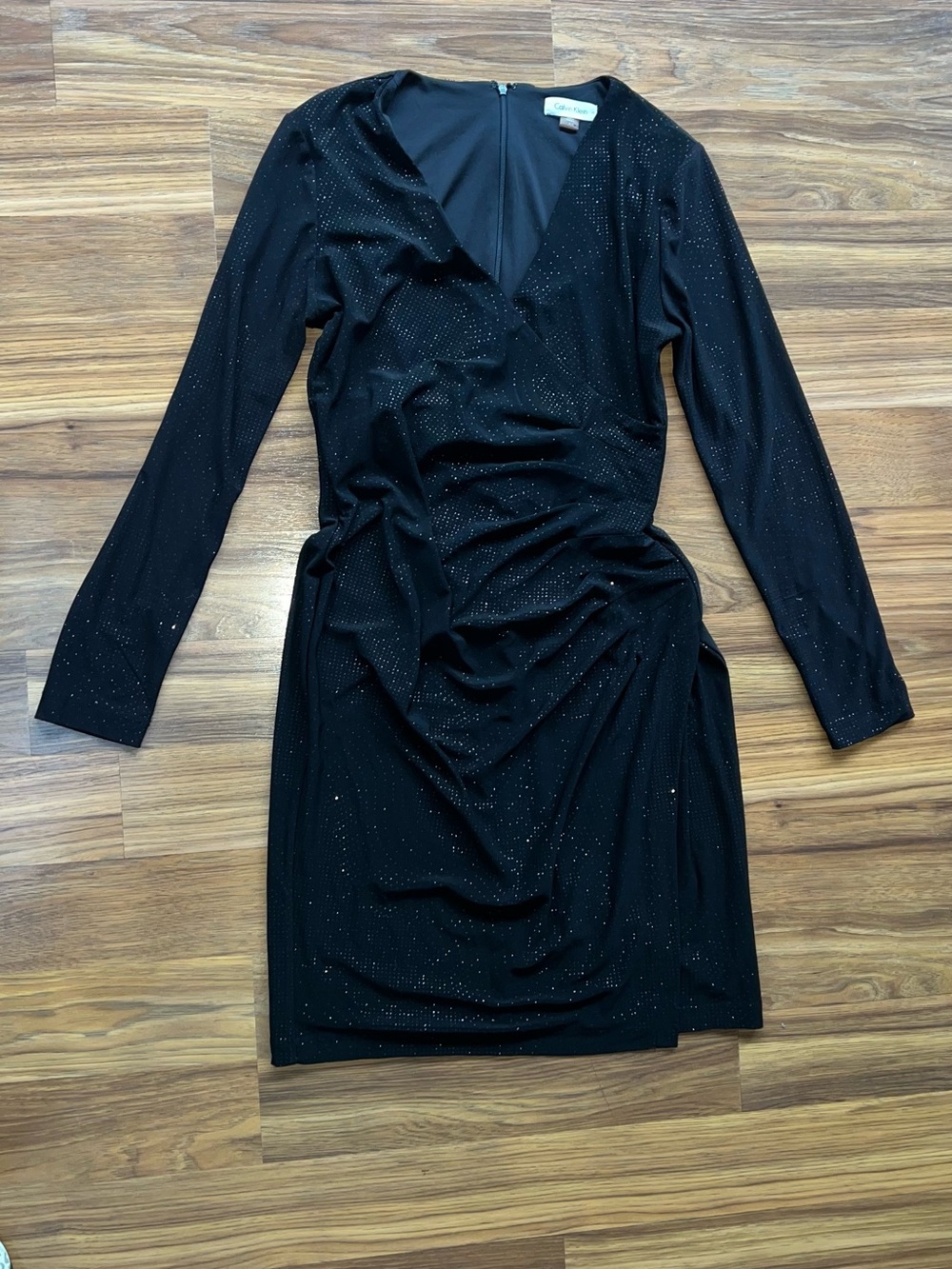 Calvin Klein Black Glitter Wrap-Effect Long Sleeve Dress